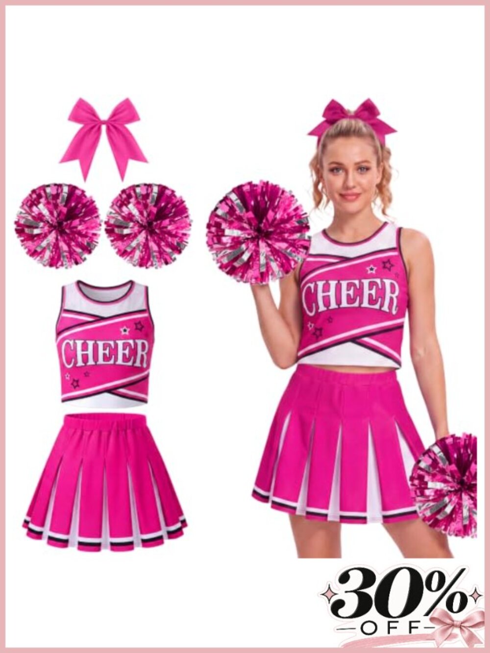 Cheerleader Costume Set Women Top Skirt Pom Poms Bow Halloween Cosplay